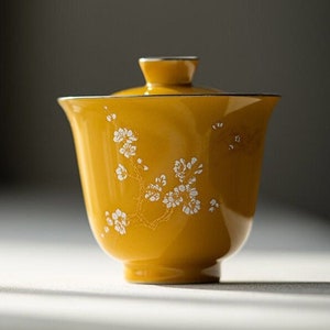 Oriarm Bright Yellow Glaze Porcelain Teacup with Lid, Chinese Gaiwan Gongfu Tea Cup with Hand Painted Plum Blossom