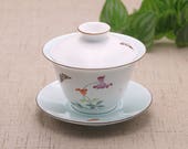 Famille Rose Hand Painted Porcelain Gaiwan Tea Cup, Chinese Ceramic Tea Cup with Lid and Saucer, Free Shipping