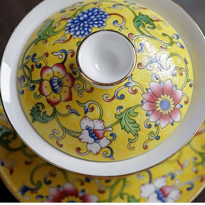 Taza de té Gaiwan de porcelana Oriarm Falangcai, taza de té china con platillo y tapa, dragón o Fénix esmaltado de colores antiguos de imitación imagen 8