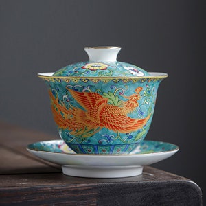 Taza de té Gaiwan de porcelana Oriarm Falangcai, taza de té china con platillo y tapa, dragón o Fénix esmaltado de colores antiguos de imitación imagen 2