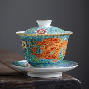 Taza de té Gaiwan de porcelana Oriarm Falangcai, taza de té china con platillo y tapa, dragón o Fénix esmaltado de colores antiguos de imitación imagen 1