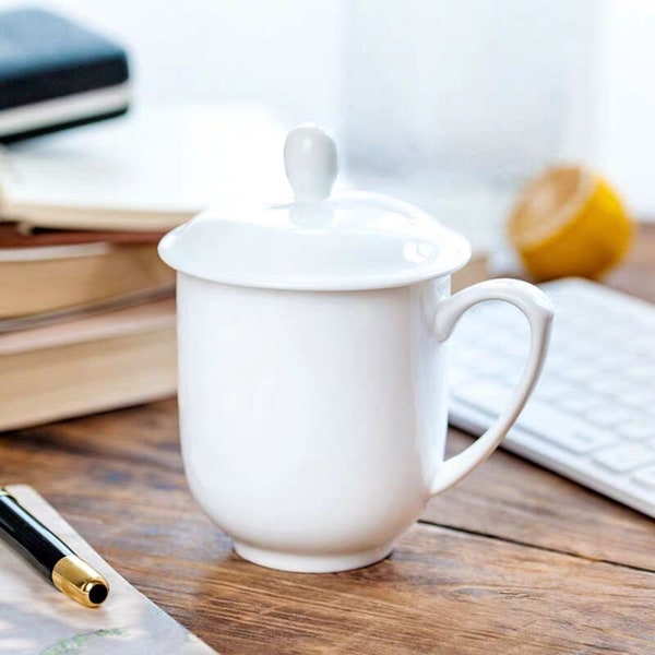 Chinese Tea Mug Ceramic, Bone China Tea Mug with Lid, Porcelain Tea Cup with Lid, Office Coffee Mug, Work Mug