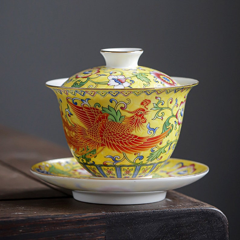 Taza de té Gaiwan de porcelana Oriarm Falangcai, taza de té china con platillo y tapa, dragón o Fénix esmaltado de colores antiguos de imitación imagen 4