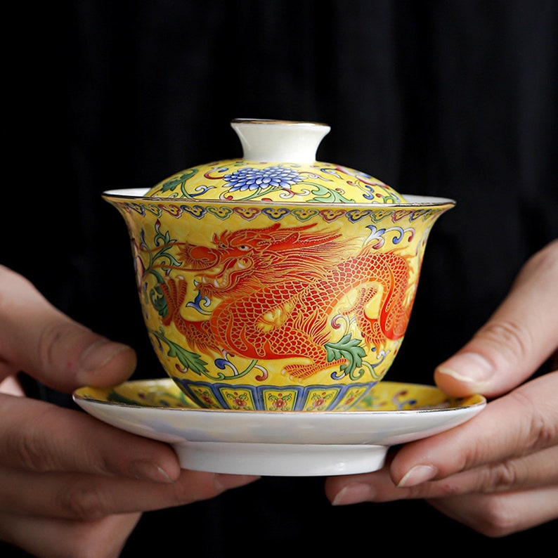 Taza de té Gaiwan de porcelana Oriarm Falangcai, taza de té china con platillo y tapa, dragón o Fénix esmaltado de colores antiguos de imitación imagen 7
