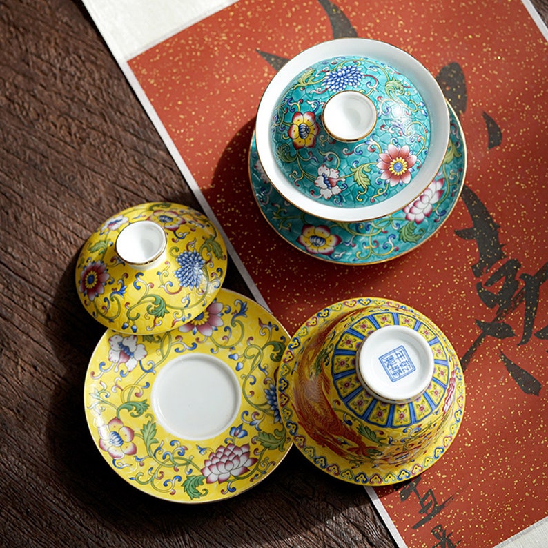 Taza de té Gaiwan de porcelana Oriarm Falangcai, taza de té china con platillo y tapa, dragón o Fénix esmaltado de colores antiguos de imitación imagen 6