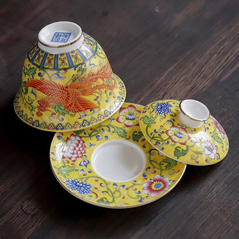Taza de té Gaiwan de porcelana Oriarm Falangcai, taza de té china con platillo y tapa, dragón o Fénix esmaltado de colores antiguos de imitación imagen 10