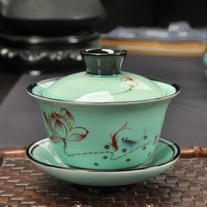 China Celadon Porcelain Gaiwan Tea Cup with Hand Painted Lotus Flowers, Chinese Teacup Gaiwan Good Gift Ware