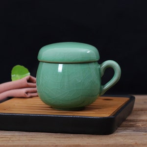 Oriarm Chinese Porcelain Tea Cup with Infuser and Lid, China Ceramic Tea Mug Set Longquan Celadon Gift Ware