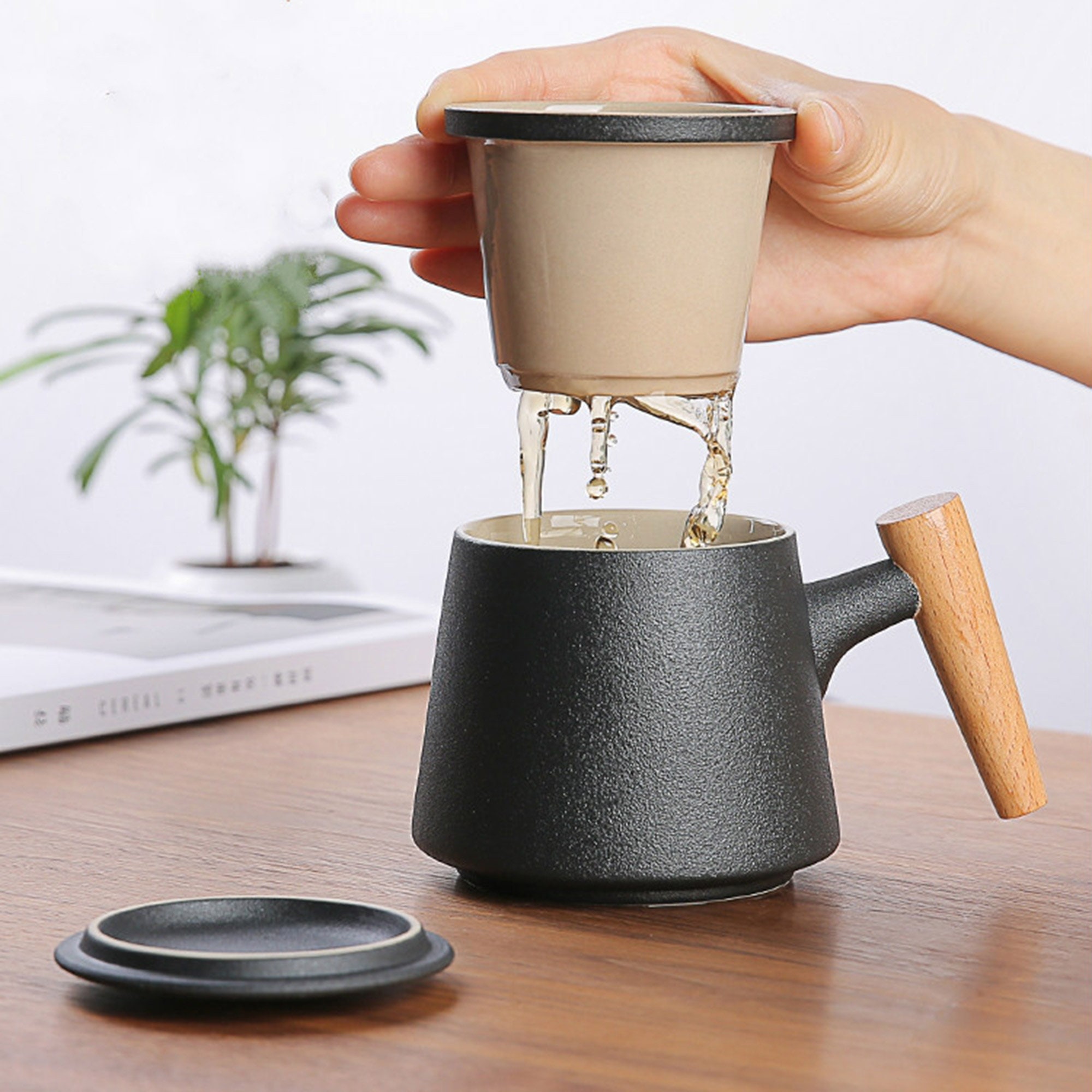 B&W - Minimalism Handmade Portable Black Ceramic Tea Mug With Infuser