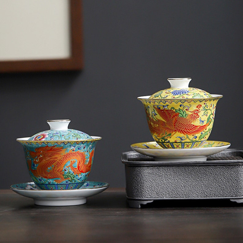 Taza de té Gaiwan de porcelana Oriarm Falangcai, taza de té china con platillo y tapa, dragón o Fénix esmaltado de colores antiguos de imitación imagen 5