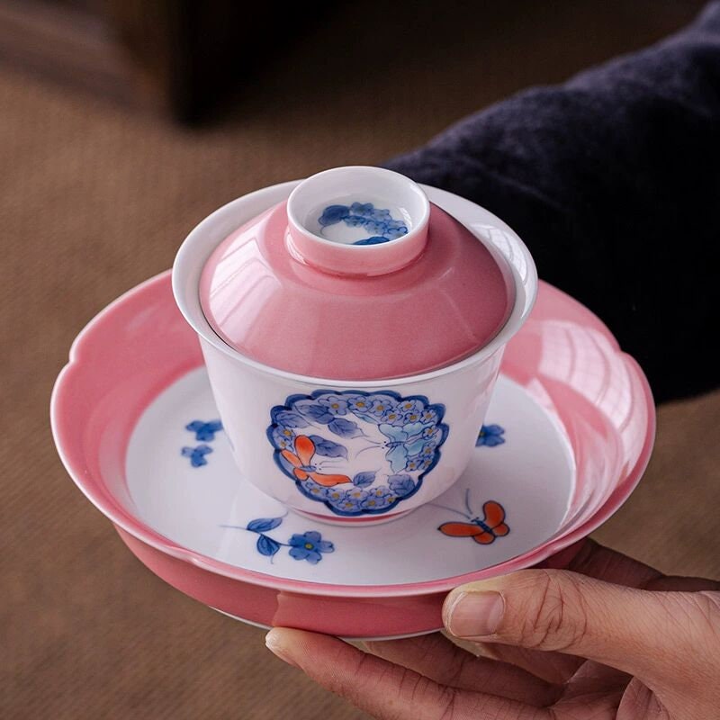 Oriarm Porcelain Gaiwan Tea Cup, Chinese Cup With Tray & Lid