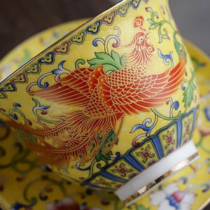Taza de té Gaiwan de porcelana Oriarm Falangcai, taza de té china con platillo y tapa, dragón o Fénix esmaltado de colores antiguos de imitación imagen 9