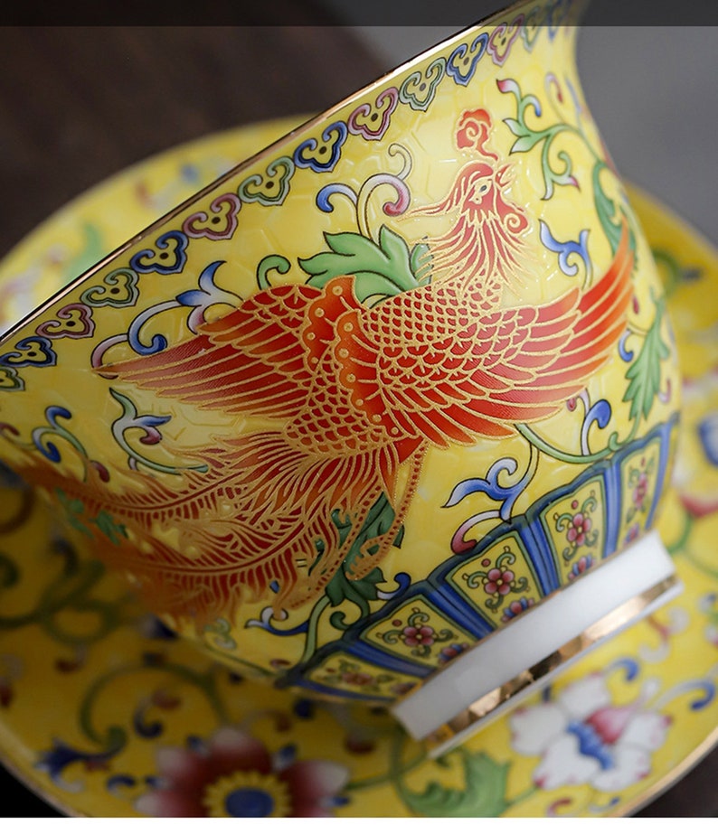Taza de té Gaiwan de porcelana Oriarm Falangcai, taza de té china con platillo y tapa, dragón o Fénix esmaltado de colores antiguos de imitación imagen 9