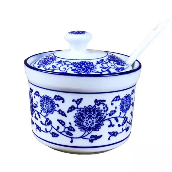 Blue Ceramic Chinese Celadon Sugar Bowl Set Sugar Dispenser Salt Pot Pepper Storage Jar Seasoning Pot Container Sugar Box Condiment Spice Holder with Lid and Spoon for Home Kitchen 