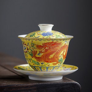 Taza de té Gaiwan de porcelana Oriarm Falangcai, taza de té china con platillo y tapa, dragón o Fénix esmaltado de colores antiguos de imitación imagen 3