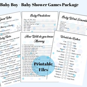 Baby Shower - Baby Boy Baby shower games - 6  games plus answer to trivia quiz, printable games.
