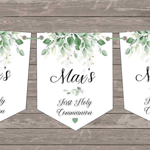 Greenery Holy Communion Banner, Personalised Banner, First Holy Communion, Venue decor, Greenery Banner, Venue Bunting