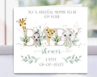 Safari baby shower card, Gender neutral, Safari baby, Baby shower celebration card, Greenery / Botanical / safari animals. personalised.