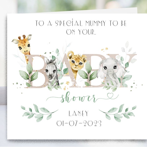 Safari baby shower card, Gender neutral, Safari baby, Baby shower celebration card, Greenery / Botanical / safari animals. personalised.