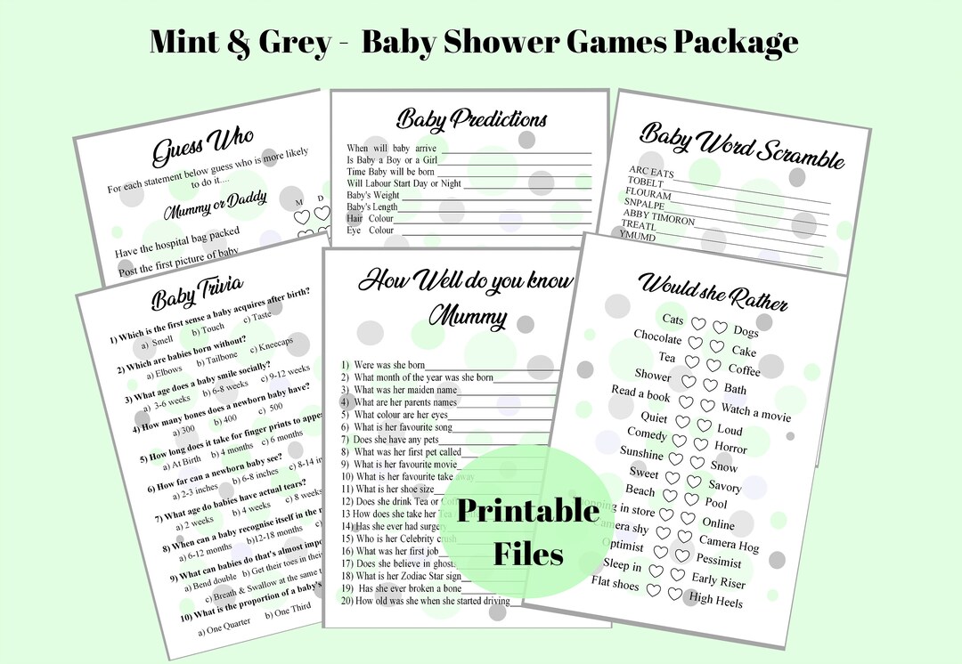 Printable Baby Shower Games - Gender Neutral - Mint & Grey- 6 Games ...