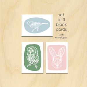 Biglietti d'auguri in bianco per animali scandinavi, set di 3, set di carte per appunti con buste, carte d'arte, animali del bosco, orso, uccello, coniglio, carta gufo