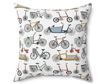 Bicycle print pillow cover, Cushion cover 18", Cargo bike cyclist gift, Bike lover gift, Road bike, Unicycle, Gift for dad, Sports decor