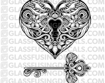 Heart Lock and Key Set - Glass Fusing Decal for Glass or Ceramics