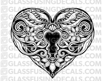 Large Decorated Heart Lock - Glass Fusing Decal for Glass or Ceramics - Medium 4x4