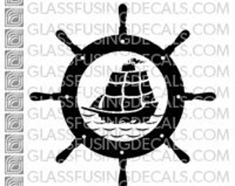 Ocean Life - Tall Ship and Wheel - Glass Fusing Decal for Glass, Ceramics, and Enamelling