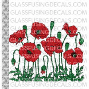 May include: A digital image of red poppies with green stems and leaves. The poppies are in various stages of bloom, with some fully open and others still in bud.