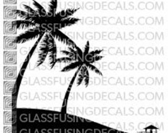 Ocean Life - Palm trees and Boathouse - Glass Fusing Decal for Glass, Ceramics, and Enamelling