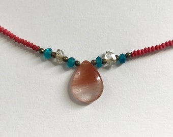 Red Agate Teardrop Gemstone Necklace, Coral Accent, Handmade