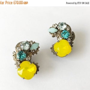 ON SALE Yellow opal earrings, Swarovski stud earrings, Large studs, Turquoise and yellow earrings, Cluster earrings, Boho jewelry