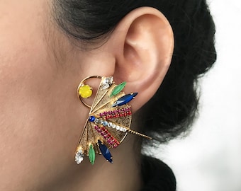 Pendientes de abanico con cristales de Swarovski, pendientes grandes rellenos de oro, pendientes de cristal dorado, joyería bohemia, pendientes llamativos