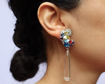 Natürliche lange Bergkristall Tropfen Ohrringe, Swarovski Kristall und Bergkristall Ohrringe, Regenbogen Kristall Ohrringe, Statement Ohrringe