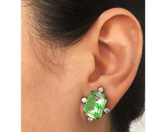 Neon green stud earrings, Swarovski studs, Crystal earrings, Emerald