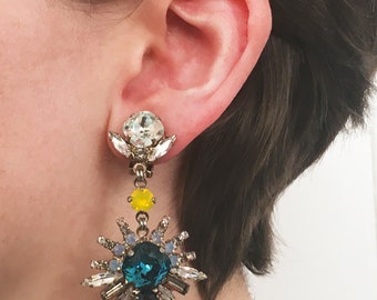 Swarovski Crystal Chandelier Earrings, Statement Drop earrings, Blue stone long earrings, Costume Jewelry