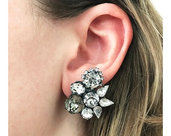 Black diamond and Crystal Cluster Earrings, Large crystal Studs, Floral design Swarovski crystal earrings