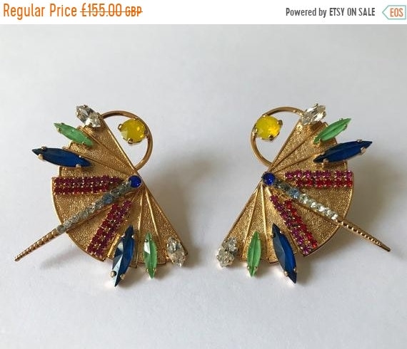 ON SALE Swarovski Crystal Fan Earrings Large Gold Filled Earrings