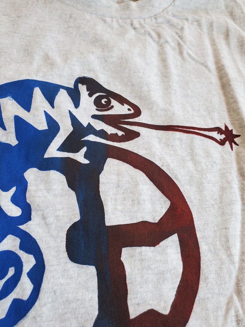 K&ouml;nnte beinhalten: Ein graues T-Shirt mit einem blauen und roten Cham&auml;leon-Motiv. Das Cham&auml;leon blickt nach rechts und hat eine lange Zunge. Das Cham&auml;leon ist schwarz umrandet.