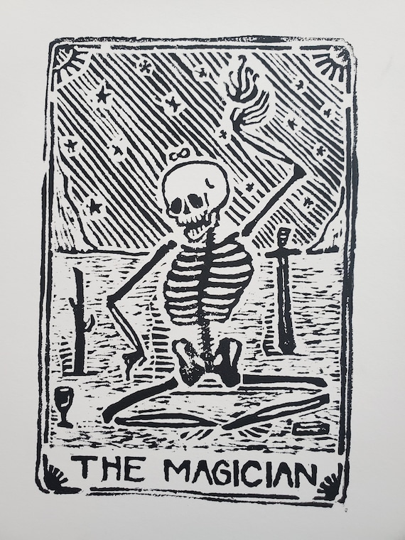 The Magician Tarot Card Block Print: Hand-carved Skeleton Art