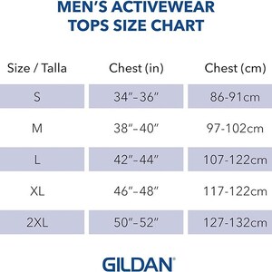 K&ouml;nnte beinhalten: Gr&ouml;&szlig;entabelle f&uuml;r Herren-Activewear-Oberteile. Die Tabelle zeigt die Gr&ouml;&szlig;en S bis 2XL mit den entsprechenden Brustma&szlig;en in Zoll und Zentimetern.