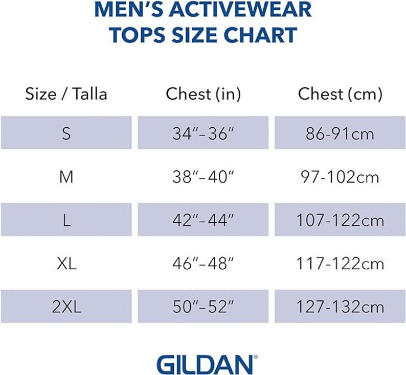 K&ouml;nnte beinhalten: Gr&ouml;&szlig;entabelle f&uuml;r Herren-Activewear-Oberteile. Die Tabelle zeigt die Gr&ouml;&szlig;en S bis 2XL mit den entsprechenden Brustma&szlig;en in Zoll und Zentimetern.