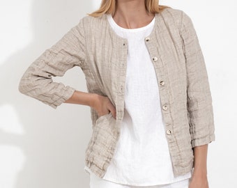 Short Linen Jacket with Buttons / Natural Linen Jacket / Linen Cardigan / Linen Blazer / Short Cardigan / Summer Cardigan / Flax Jacket