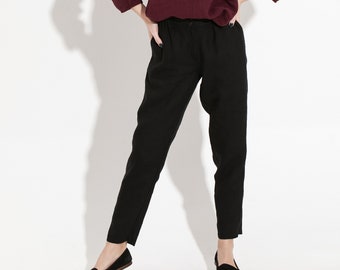 Black Linen wool Pants With A Zipper Casual Linen Trousers With