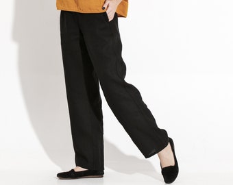 Black Straight Fit Linen Pants / Casual Linen Trousers / Casual Loose Pants / Wide Pants for Women / Loose Fitting Pants