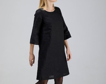 Black Linen Dress With Bell Sleeves / Washed Oversized Dress / Maternity Dress / Loose Linen Dress / Knee Length Wide Dress / Midi Dress