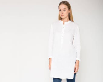 White Linen Mandarin Collar Tunic / Loose Fit Tunic / Loose Fit Linen Top / White Linen Top With Side Slits / Mandarin Collar Top