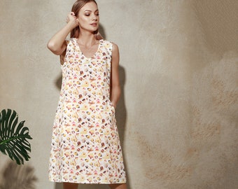 Floral Linen Dress | Sleeveless Dress | Dress in Linen | Flax Dress | Summer Dress | Loose-fitting Dress | Loose Fit Dress | Wide Dress