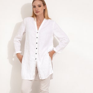 White Linen Tunic Shirt / Flax Tunic Shirt with V-neck and Long Sleeves / Linen Blouse / Loose Fit Shirt / Loose Fit Tunic / Oversized Shirt
